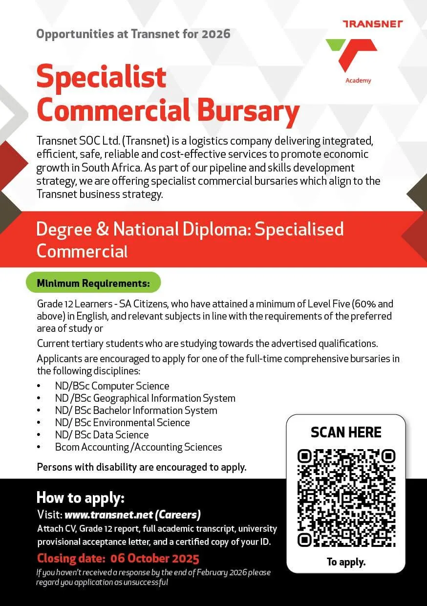 Transnet Specialist Commercial Bursaries 2026 application announcement banner
