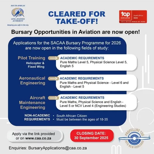 Banner announcing the SACAA Bursary Programme 2026 and that applications are now open for aviation bursaries