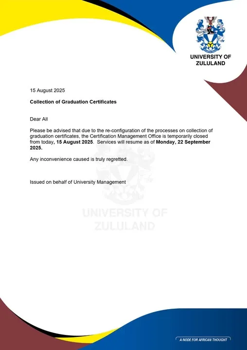 University of Zululand notice about temporary closure of the Certification Management Office
