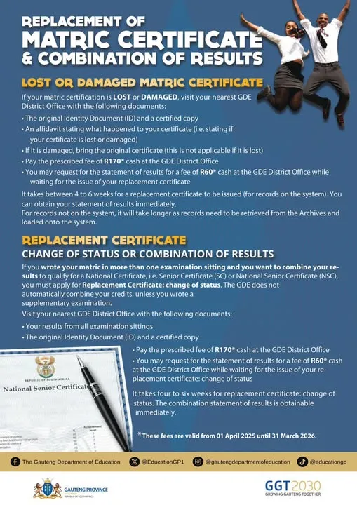 Gauteng Department of Education information on replacing matric certificates and combining examination results