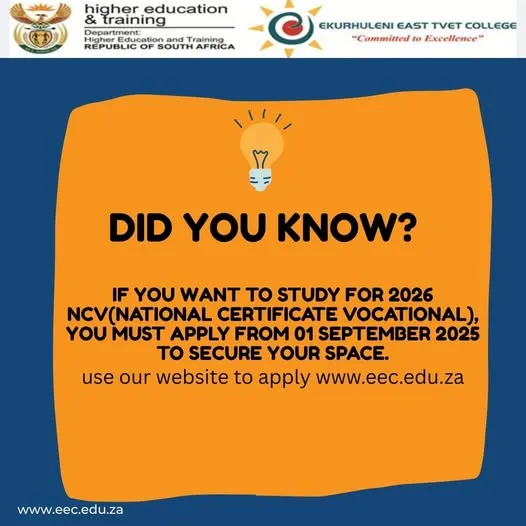 Application notice for the National Certificate Vocational (NCV) 2026 academic year at Ekurhuleni East TVET College