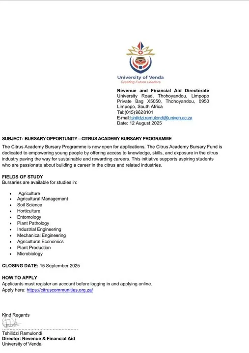 Promotional banner for Citrus Academy Bursary Programme 2025 – Applications Now Open