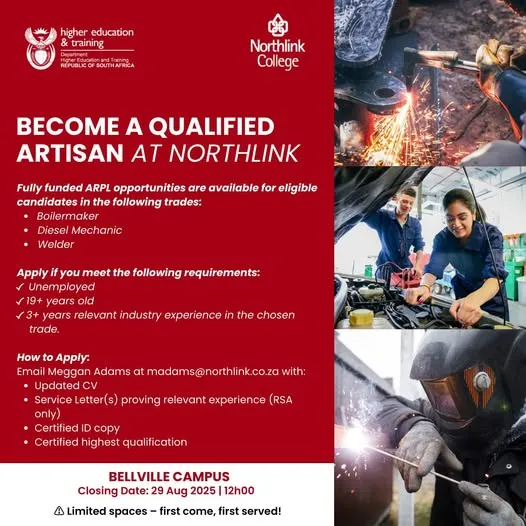 Promotional banner for Northlink College ARPL programme inviting applications to become a qualified artisan