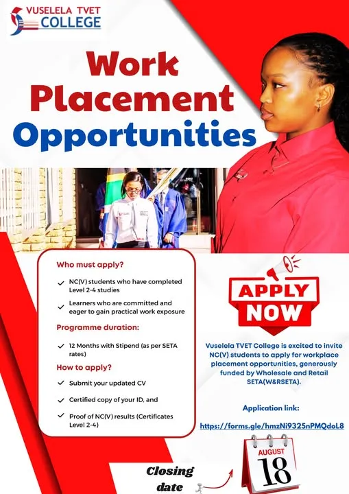 Promotional image for work placement opportunities for NCV students at Vuselela TVET College