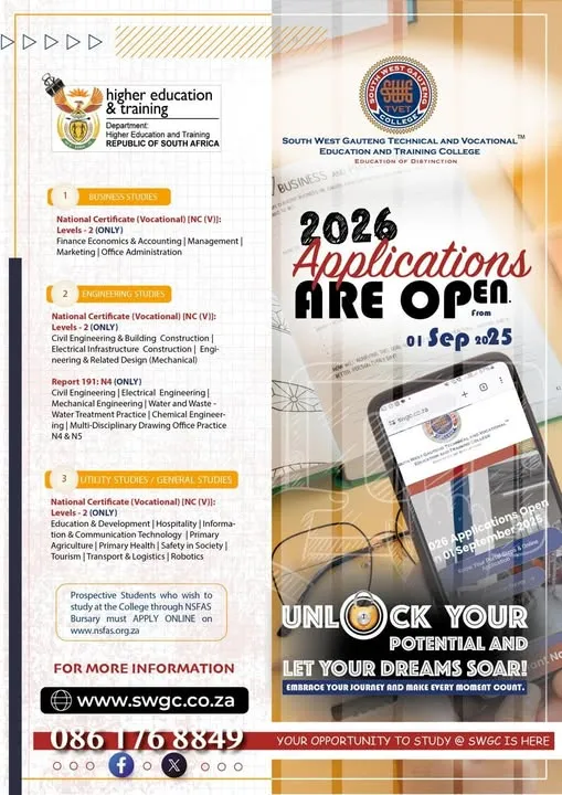 Banner announcing South West Gauteng TVET College 2026 applications are open