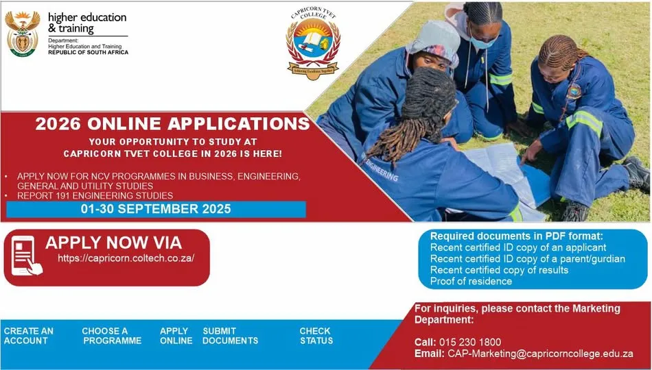 Capricorn TVET College banner announcing 2026 online applications are now open