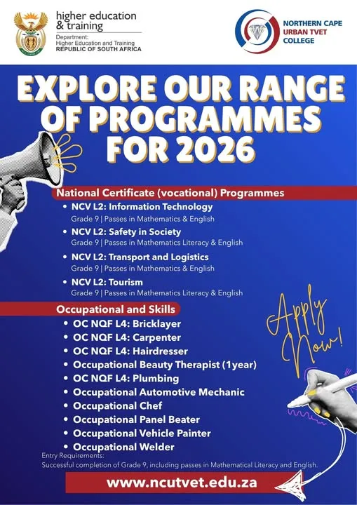 Banner announcing Northern Cape Urban TVET College 2026 applications are open