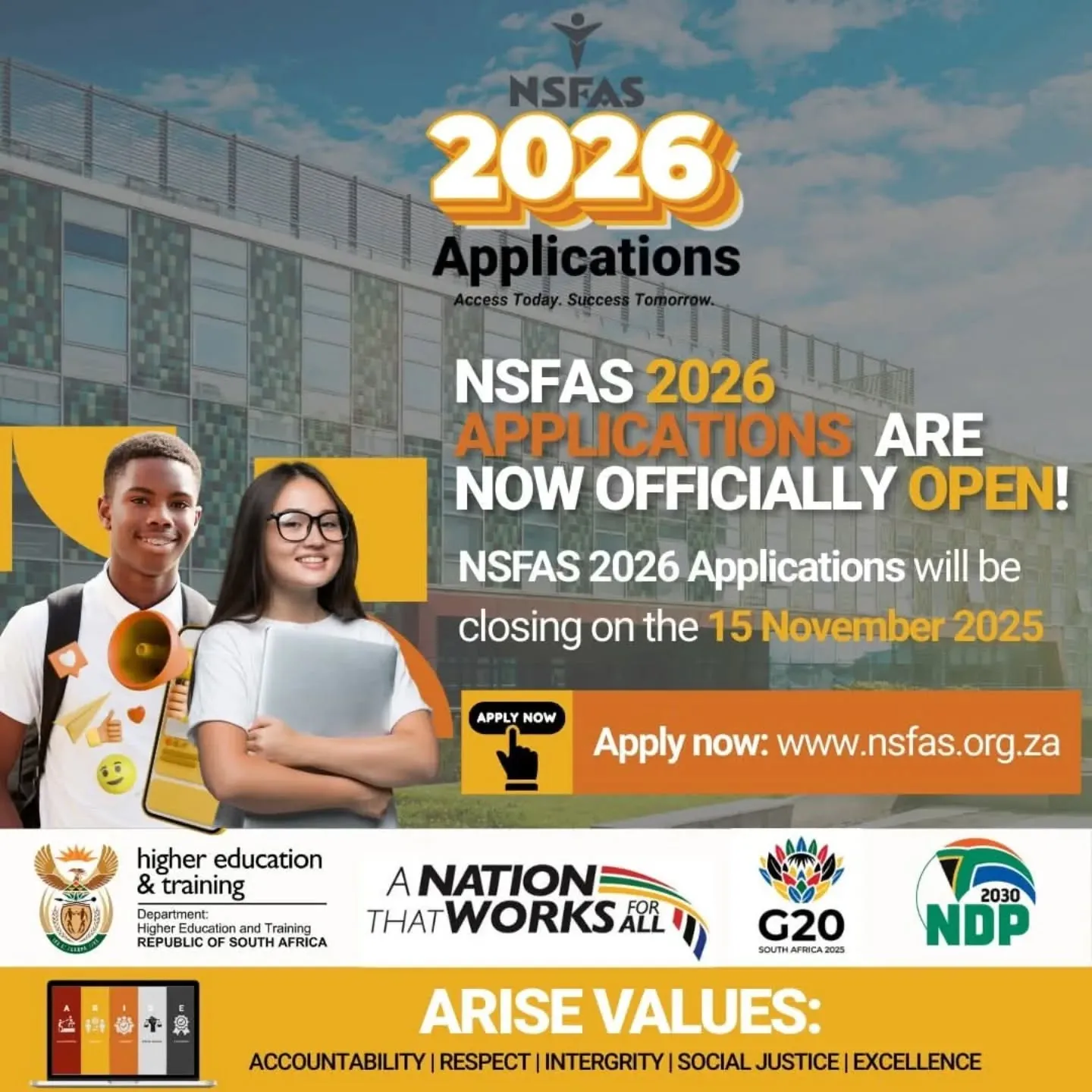Graphic announcing that NSFAS 2026 applications are now open