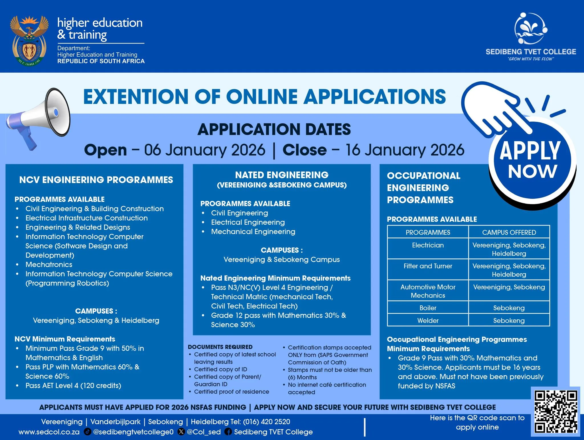 Text reading 'Sedibeng TVET College extends 2026 engineering applications'.