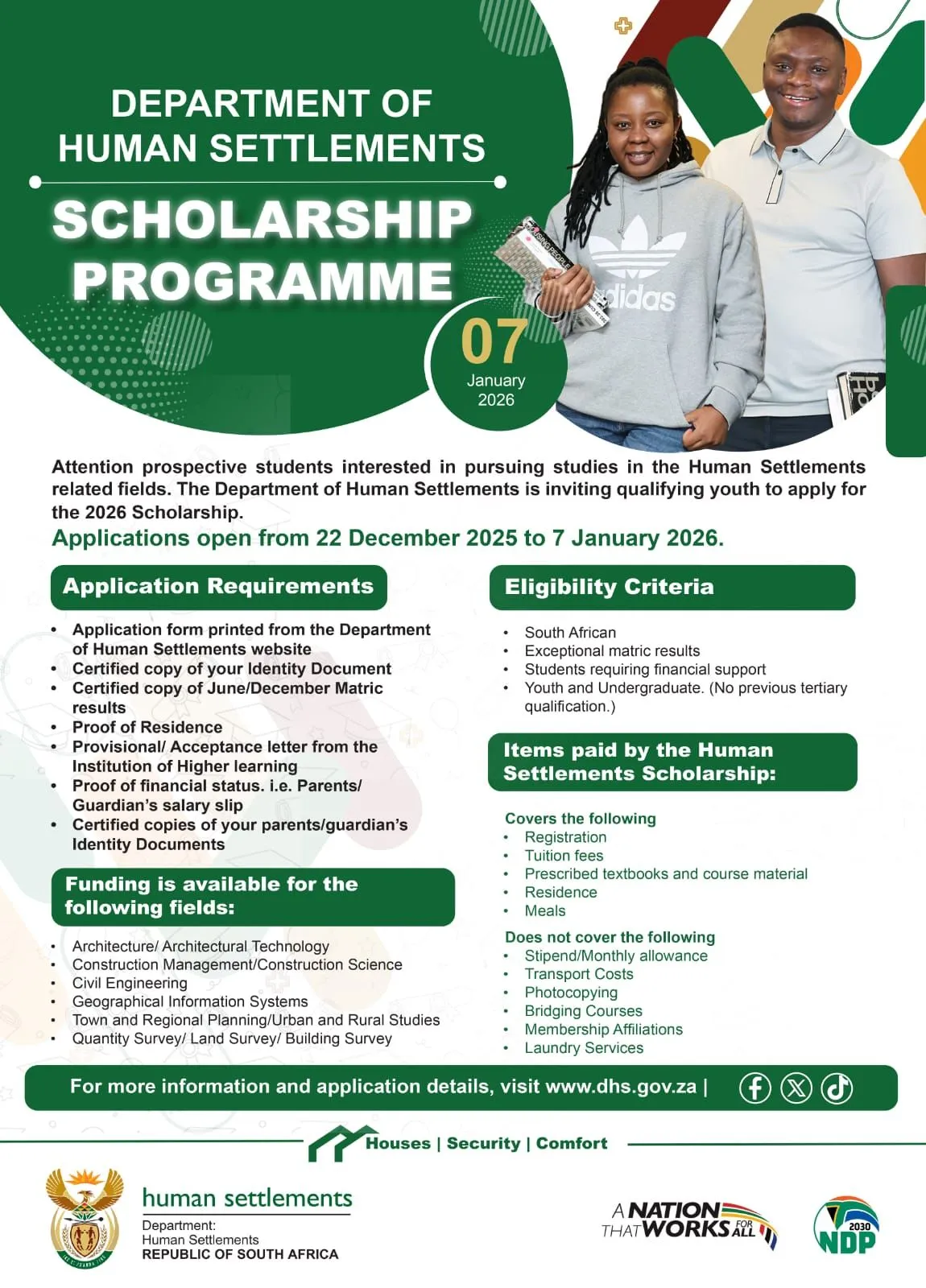 Banner for Department of Human Settlements Scholarship Programme 2026 with closing date 7 January 2026