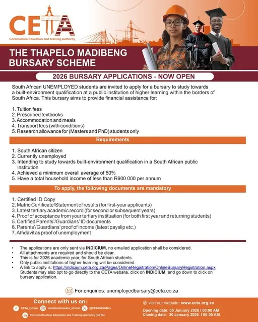 Banner for the Thapelo Madibeng Bursary Scheme with important information for prospective applicants