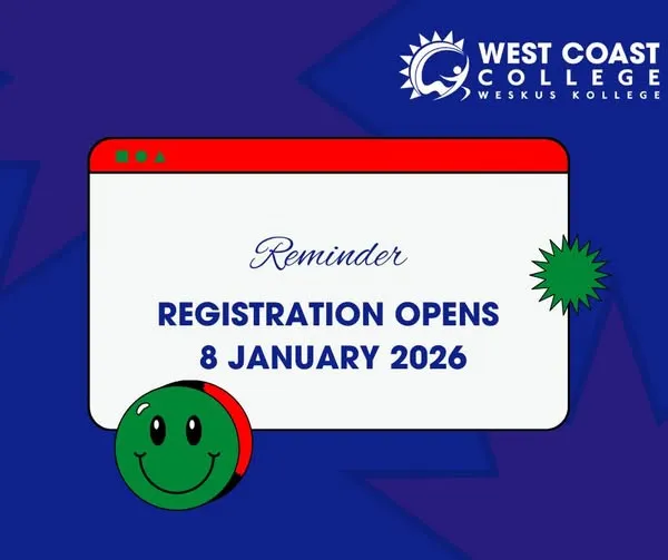 West Coast TVET College 2026 registration reminder banner with important tips and 08 January 2026 notice