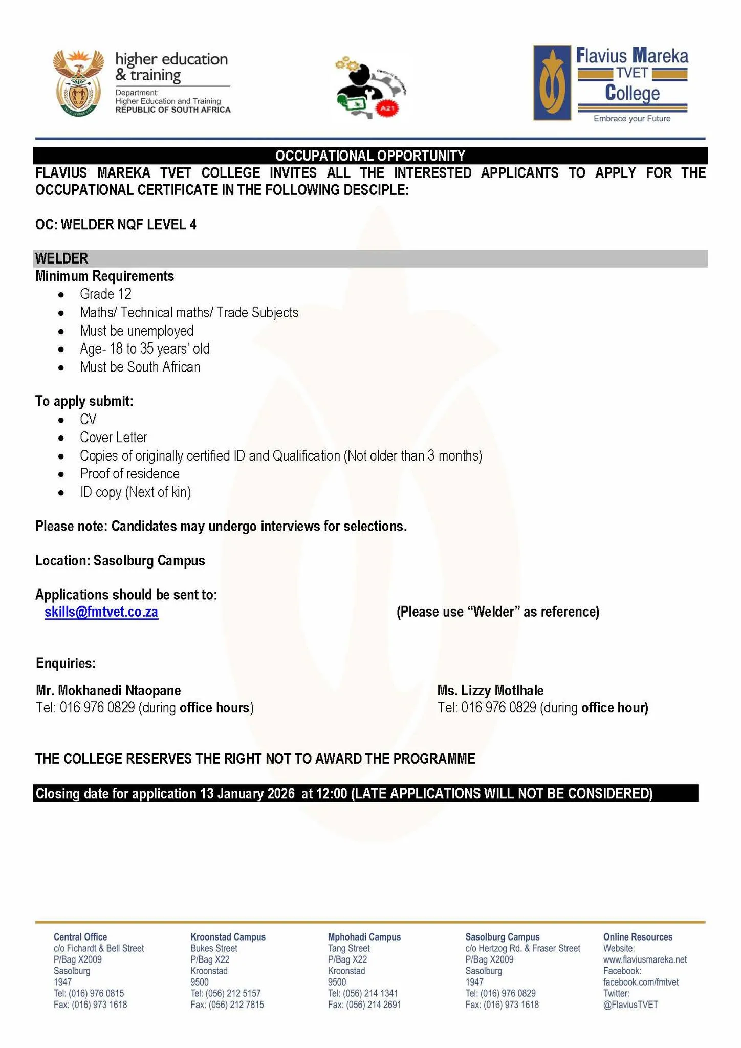 Flavius Mareka TVET College occupational certificate opportunity poster for Welder NQF Level 4 at the Sasolburg campus