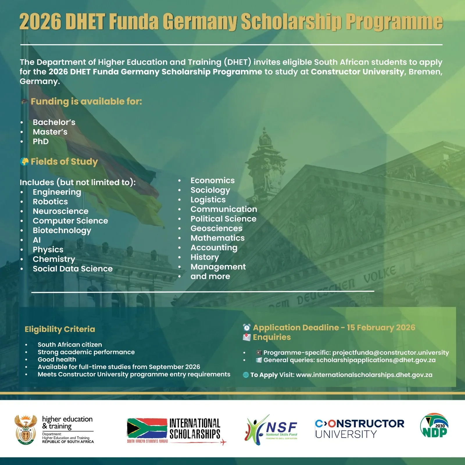 2026 DHET Funda Germany Scholarship at Constructor University Bremen promotional image