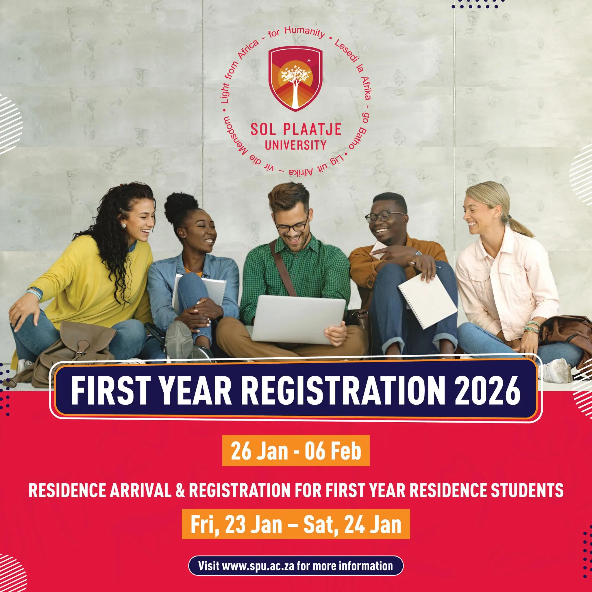 Sol Plaatje University banner announcing first-year registration for 2026