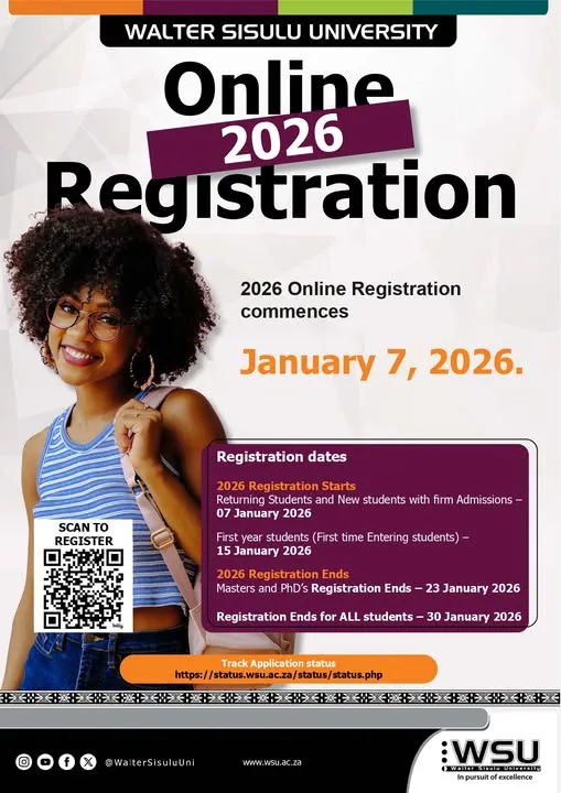 Walter Sisulu University 2026 registration announcement banner