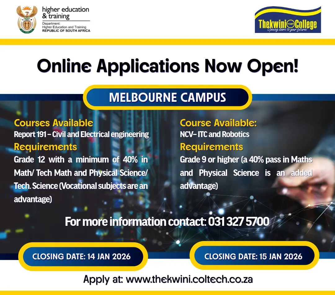Announcement stating Thekwini College Melbourne Campus online applications are open for 2026