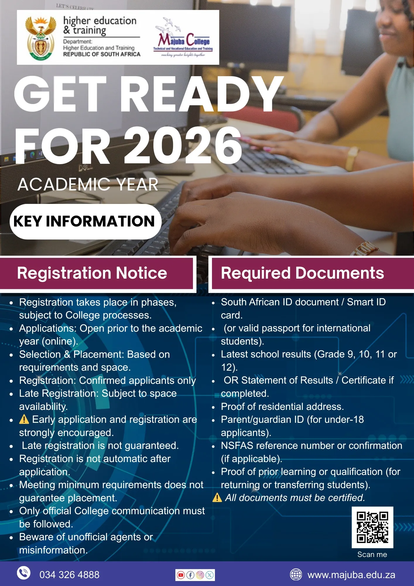 Official notice about Majuba TVET College registration for the 2026 academic year