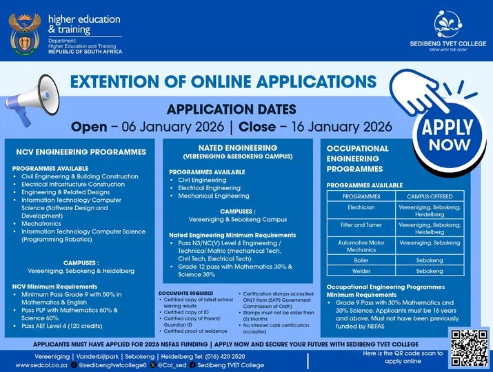 Graphic announcing Sedibeng TVET College has extended online applications for the 2026 academic year