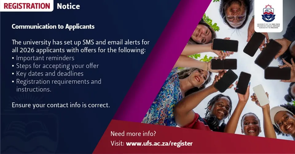 Notice about 2026 registration for applicants at the University of the Free State (UFS)
