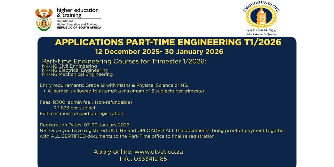Banner announcing Part-Time Engineering applications for Trimester 1, 2026 at Umgungundlovu TVET College