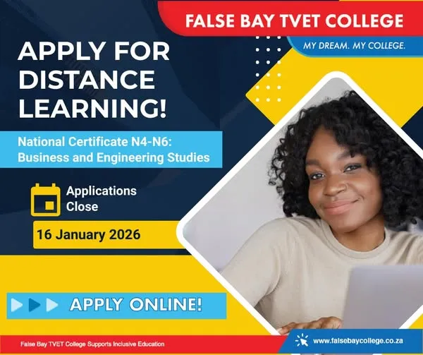 Announcement banner for False Bay TVET College distance learning applications closing 16 January 2026