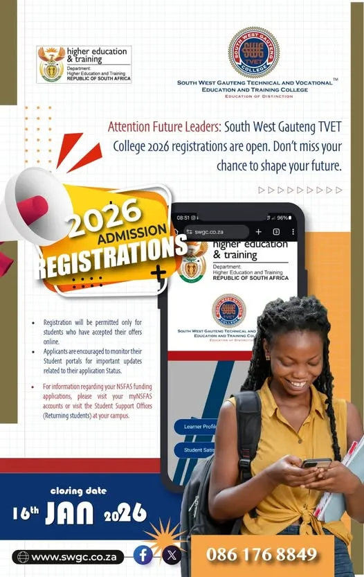 Poster announcing 2026 NCV Engineering registrations open at South West Gauteng TVET College for prospective students