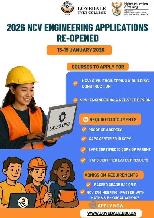 Lovedale TVET College banner announcing re-opened 2026 NCV Engineering applications