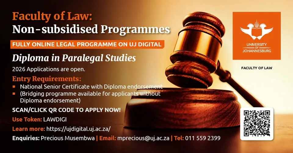 UJ Faculty of Law banner announcing Diploma in Paralegal Studies 2026 applications via UJ Digital