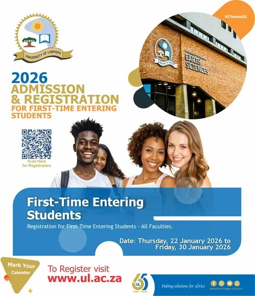 Banner announcing 2026 admission and registration for first-time entering students at the University of Limpopo