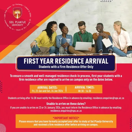 First-year students arriving for residence check-in at Sol Plaatje University, January 2026
