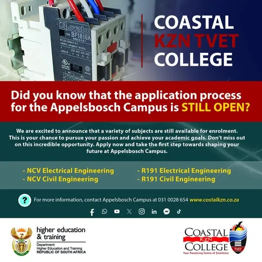 Coastal KZN TVET College Appelsbosch Campus applications still open announcement
