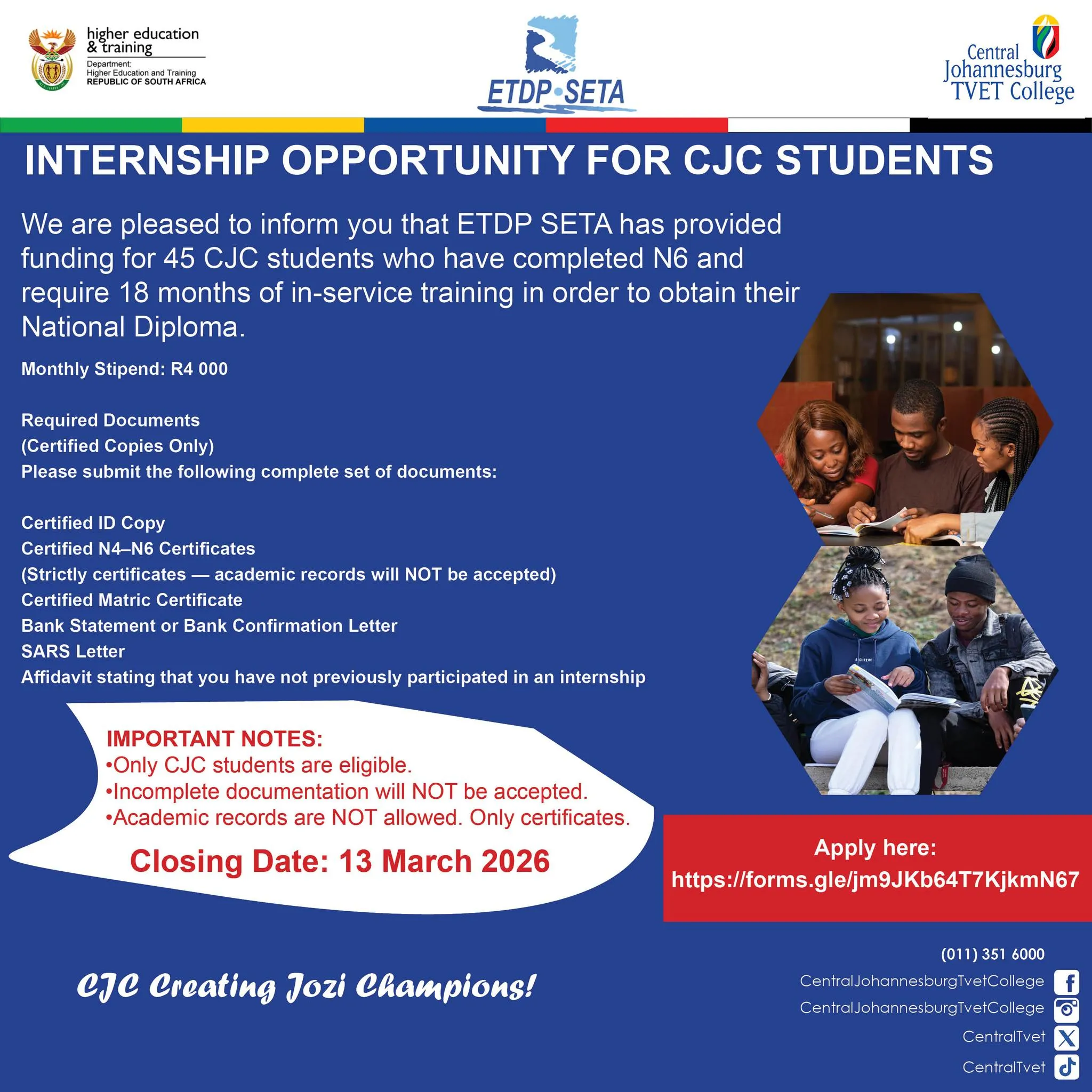 Central Johannesburg TVET College students learning about an internship opportunity