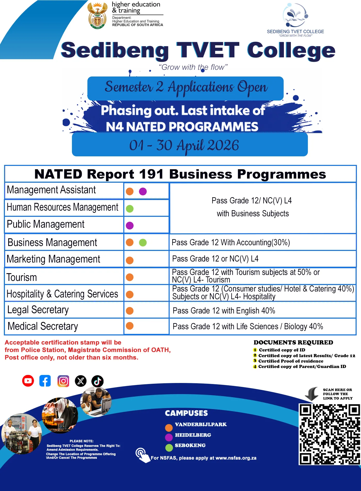 Last chance to apply for N4 NATED Programmes at Sedibeng TVET College announcement