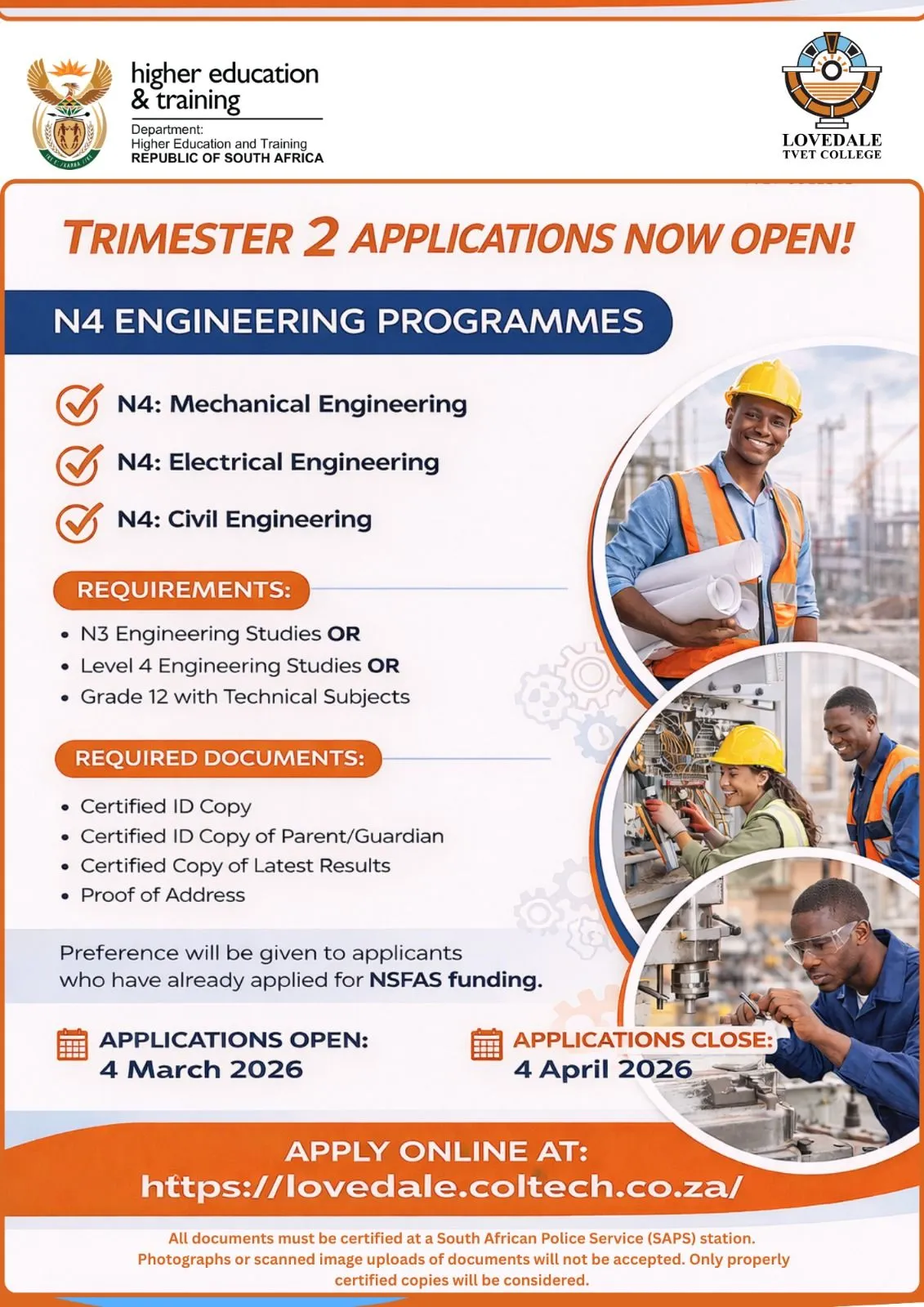 Lovedale TVET College N4 Engineering programmes Trimester 2 applications announcement banner