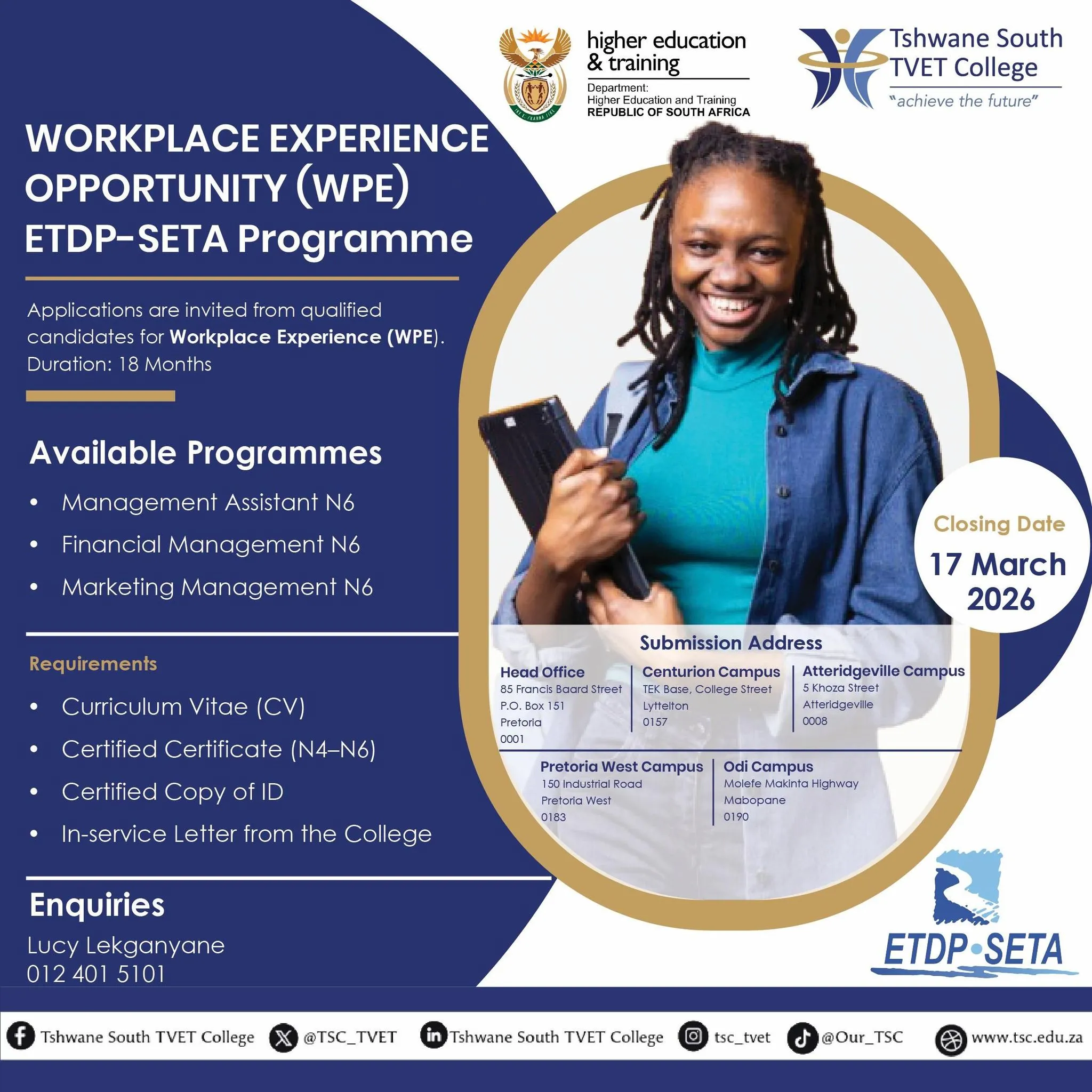 Tshwane South TVET College Workplace Experience Opportunity (WPE) Programme banner