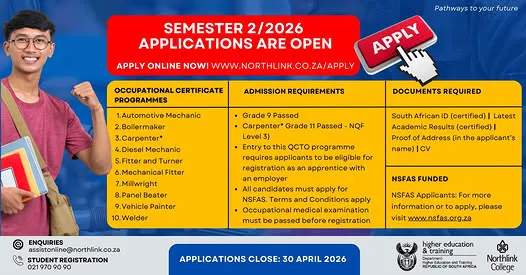 Promotional banner announcing Northlink TVET College trade applications open for Semester 2, 2026