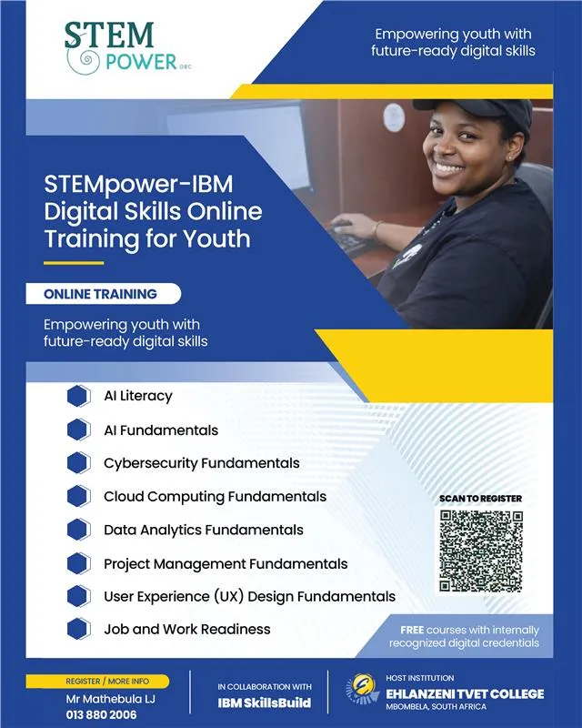 Promotional banner for the free STEMpower-IBM digital skills online training for youth