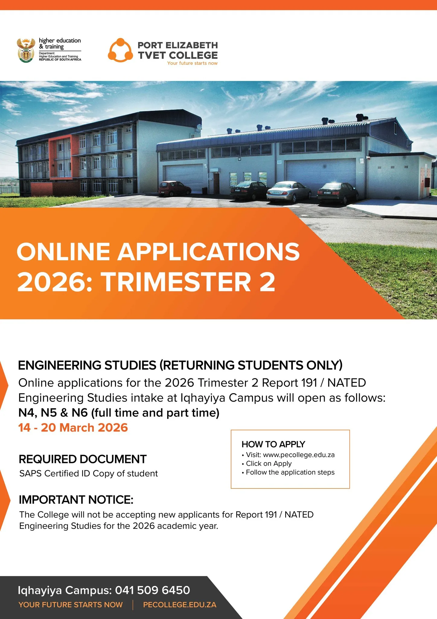 Port Elizabeth TVET College online applications now open for Trimester 2, 2026