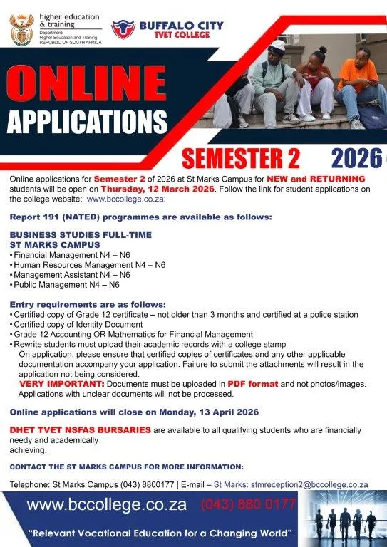 Announcement for Buffalo City TVET College Semester 2 2026 applications now open