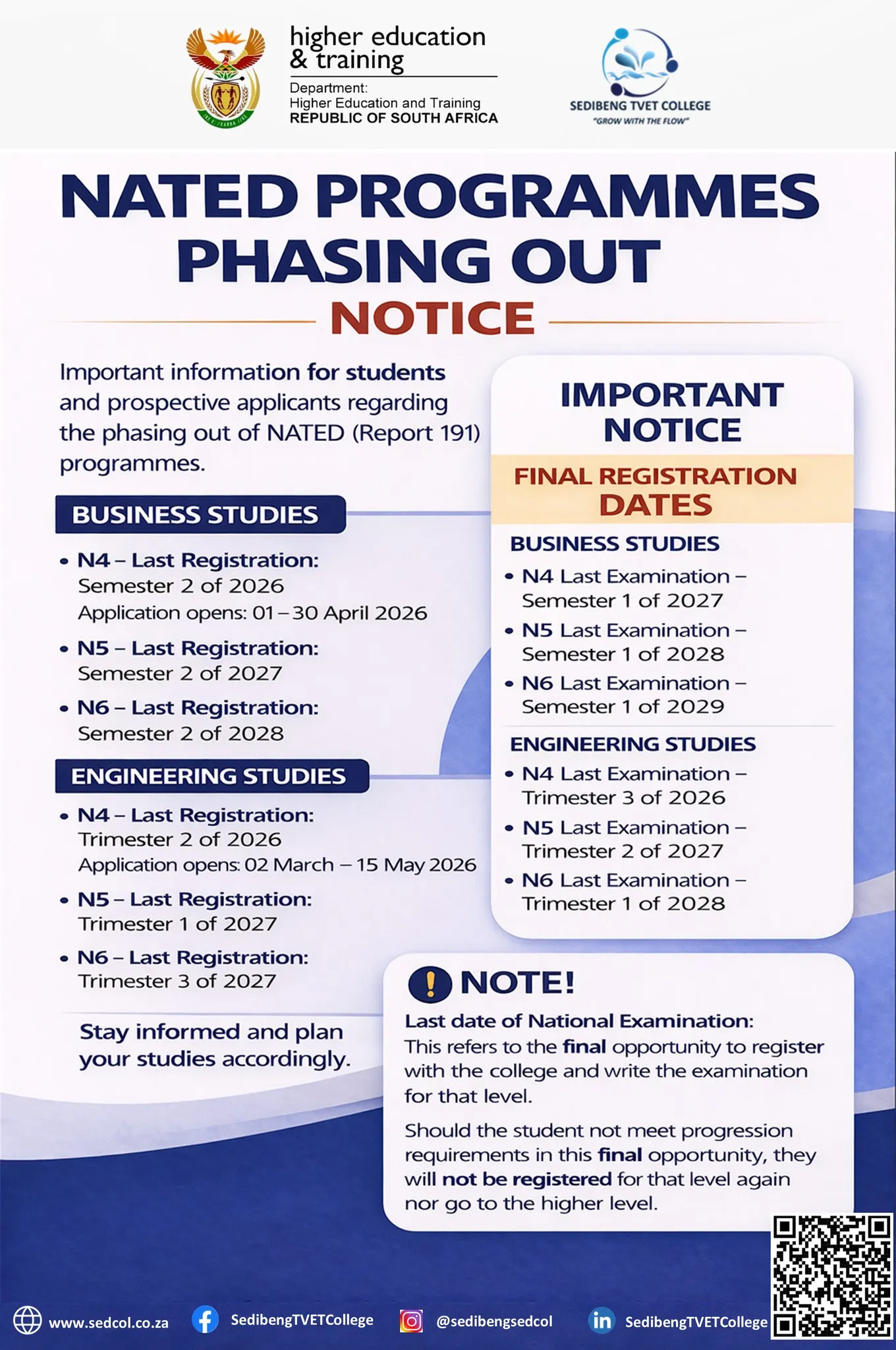 Notice about the phasing out of NATED (Report 191) programmes at Sedibeng TVET College