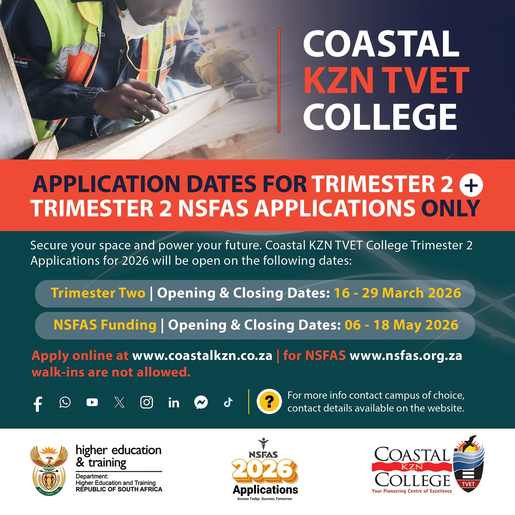 Graphic for Coastal KZN TVET College 2026 Trimester 2 application window