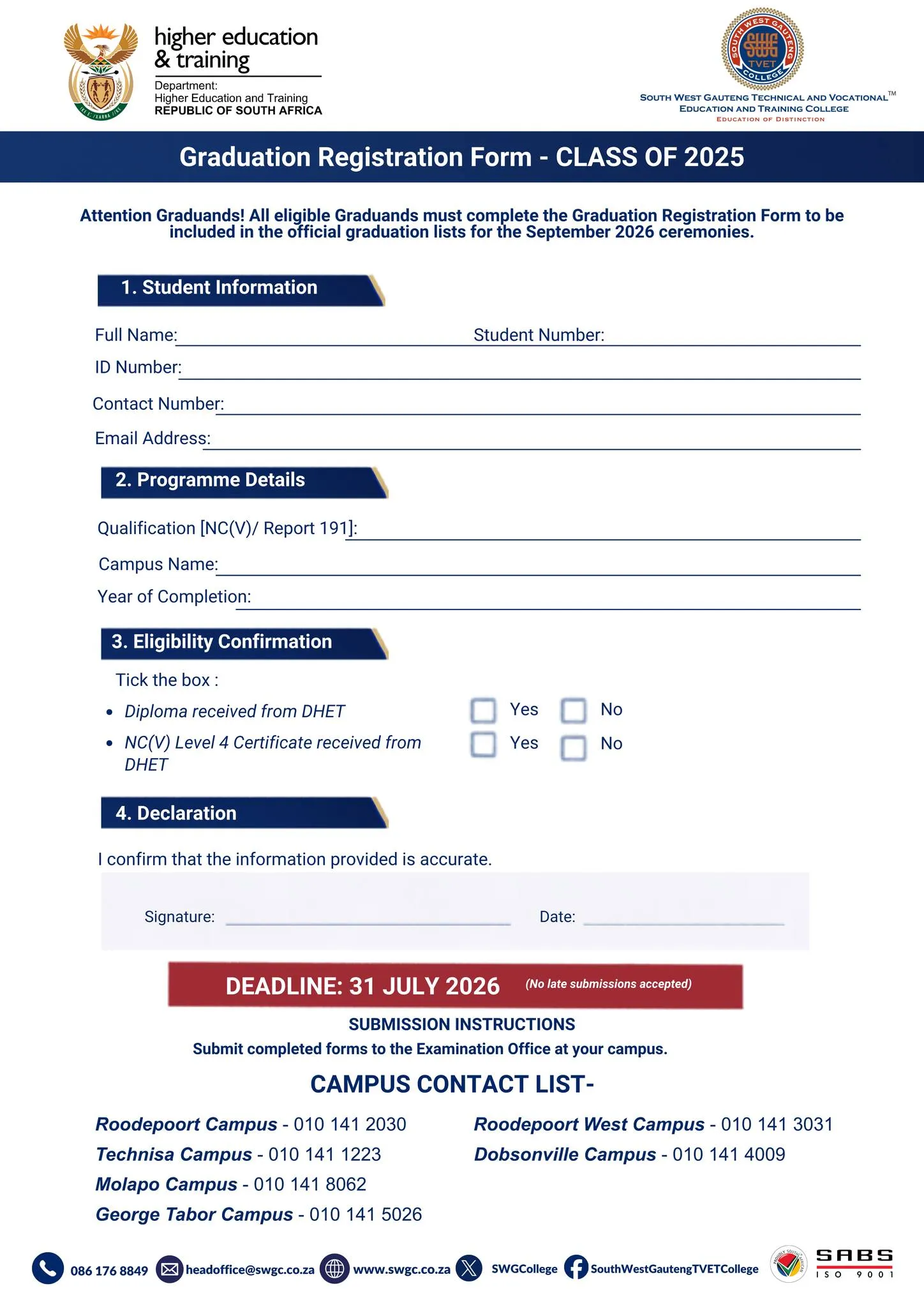 View full image South West Gauteng TVET College 2026 Graduation Registration Notice