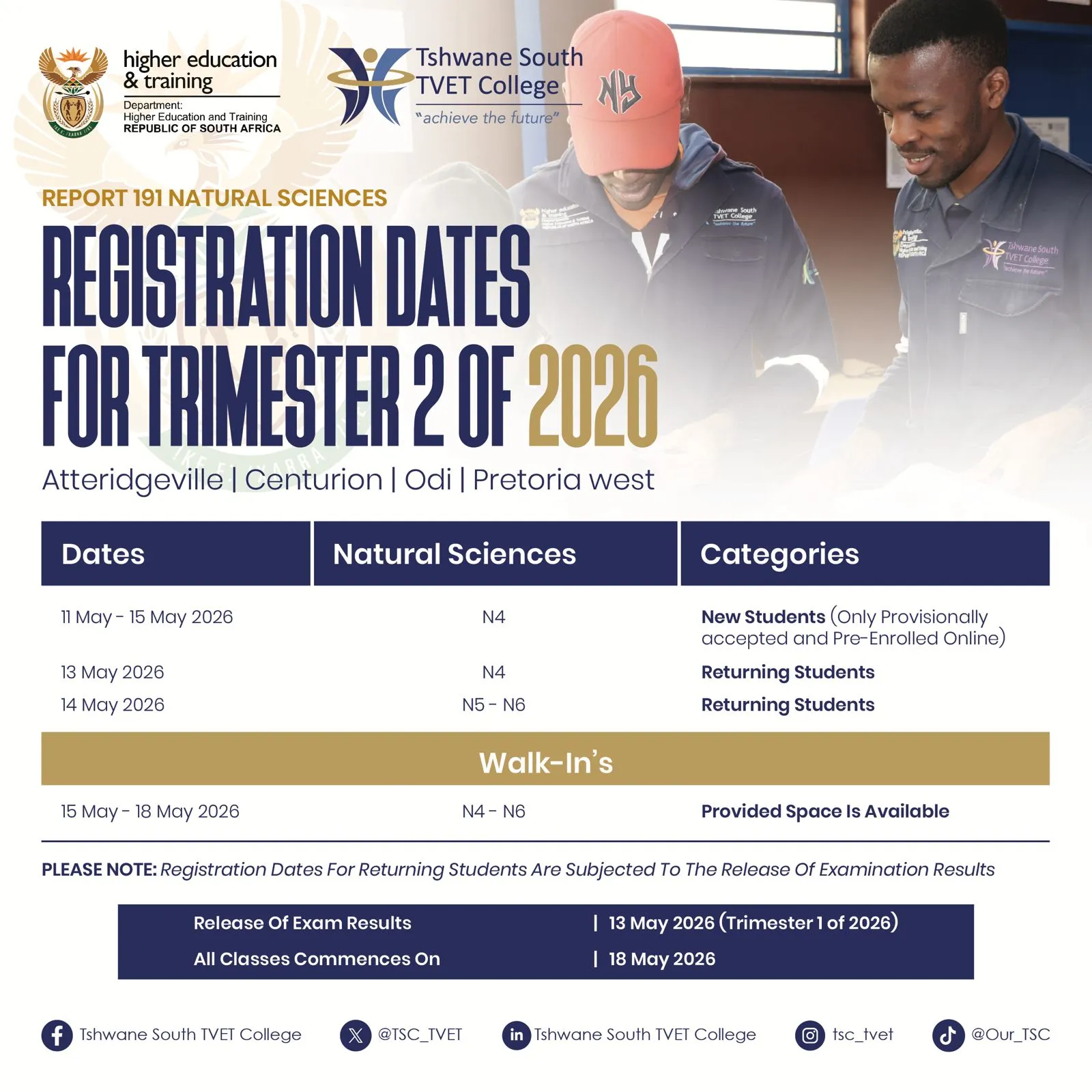 Tshwane South TVET College registration notice for Trimester 2 2026, covering Report 191 Natural Sciences (N4–N6)