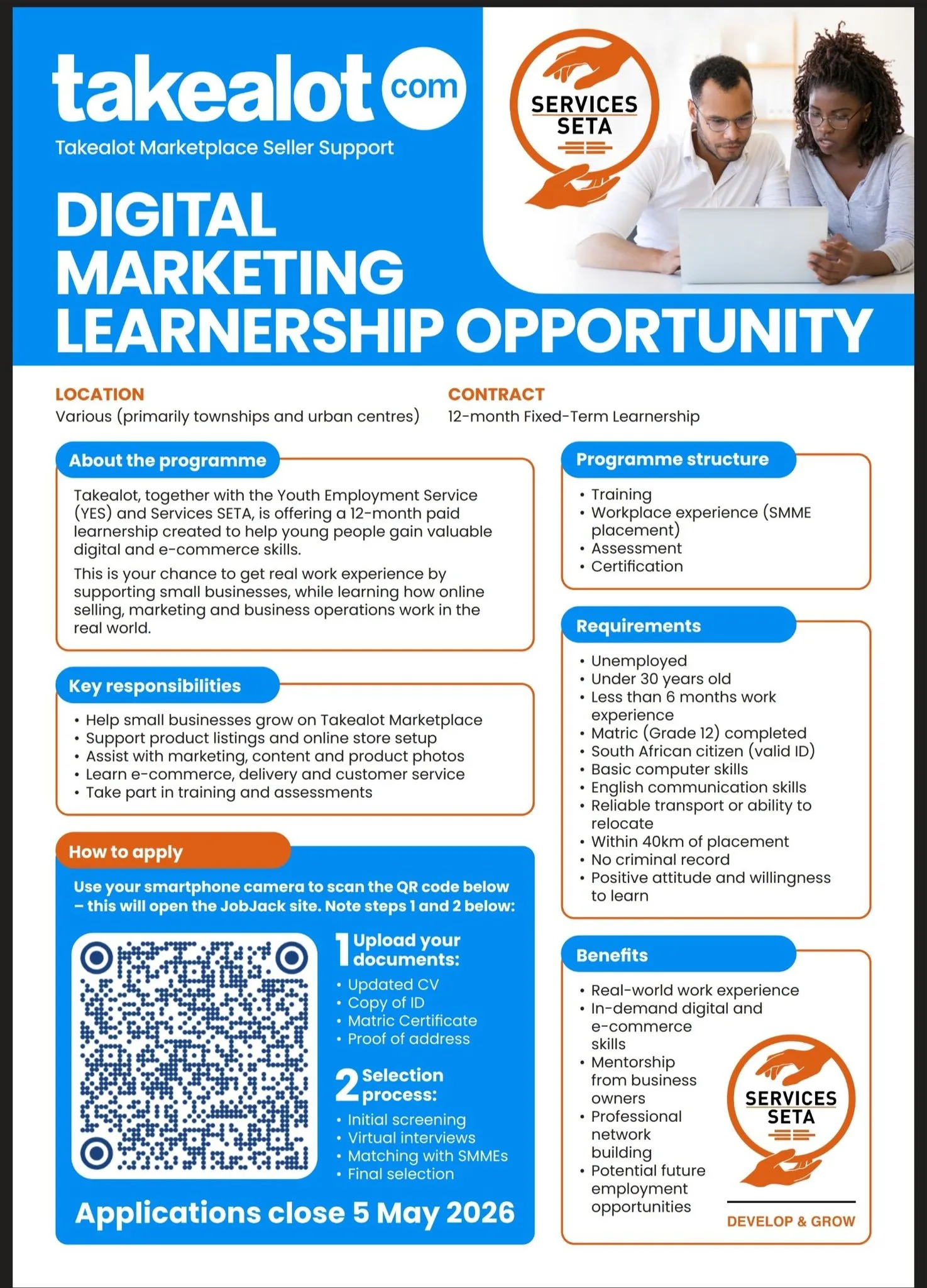 Takealot Digital Marketing Learnership 2026 application deadline reminder — applications close 5 May 2026