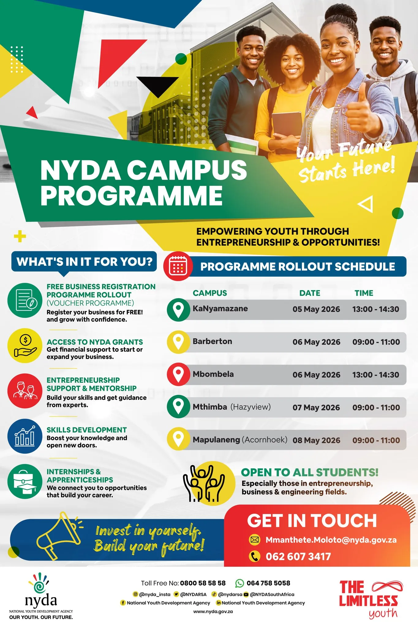 NYDA Campus Programme 2026 roadshow in Mpumalanga promoting youth entrepreneurship