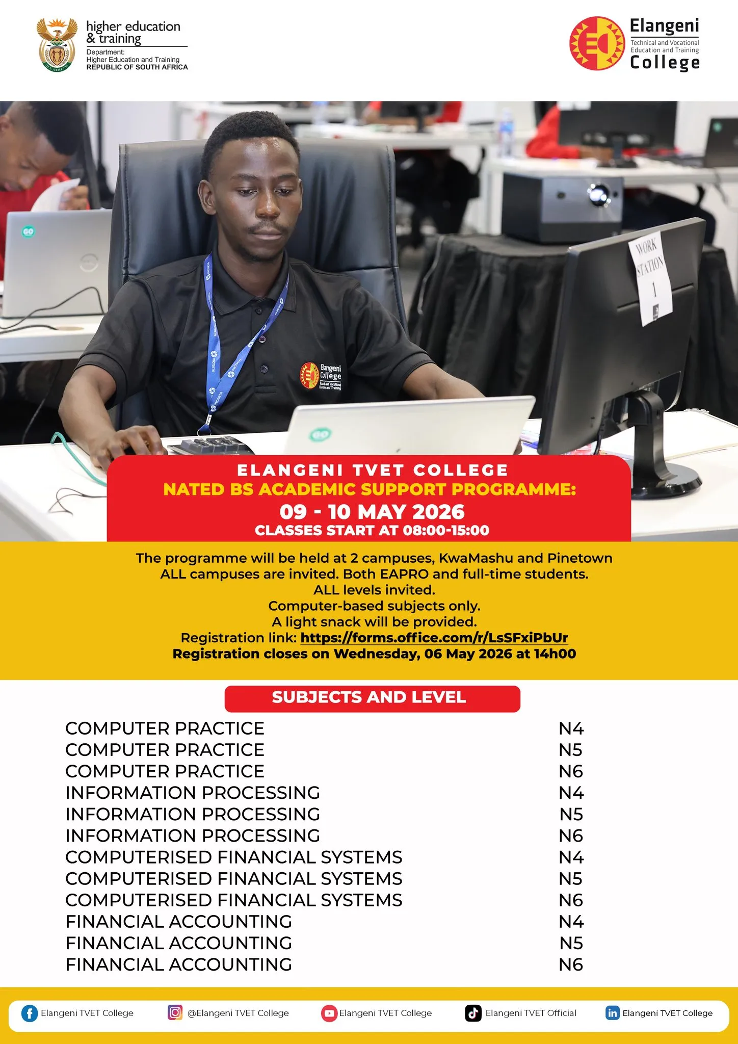 Elangeni TVET College NATED Business Studies Academic Support Programme 2026 promotional image