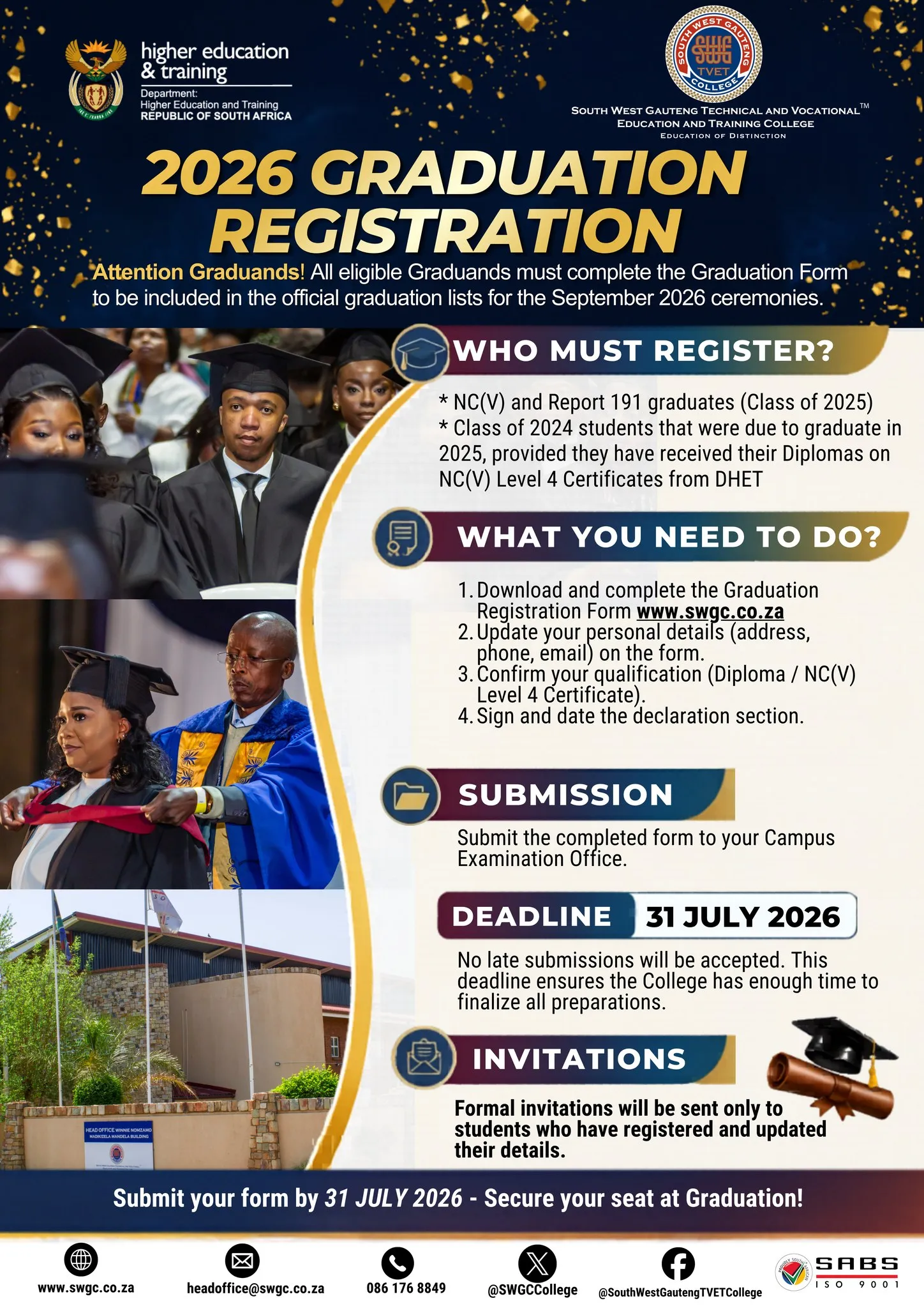 Notice board announcing South West Gauteng TVET College 2026 graduation registration