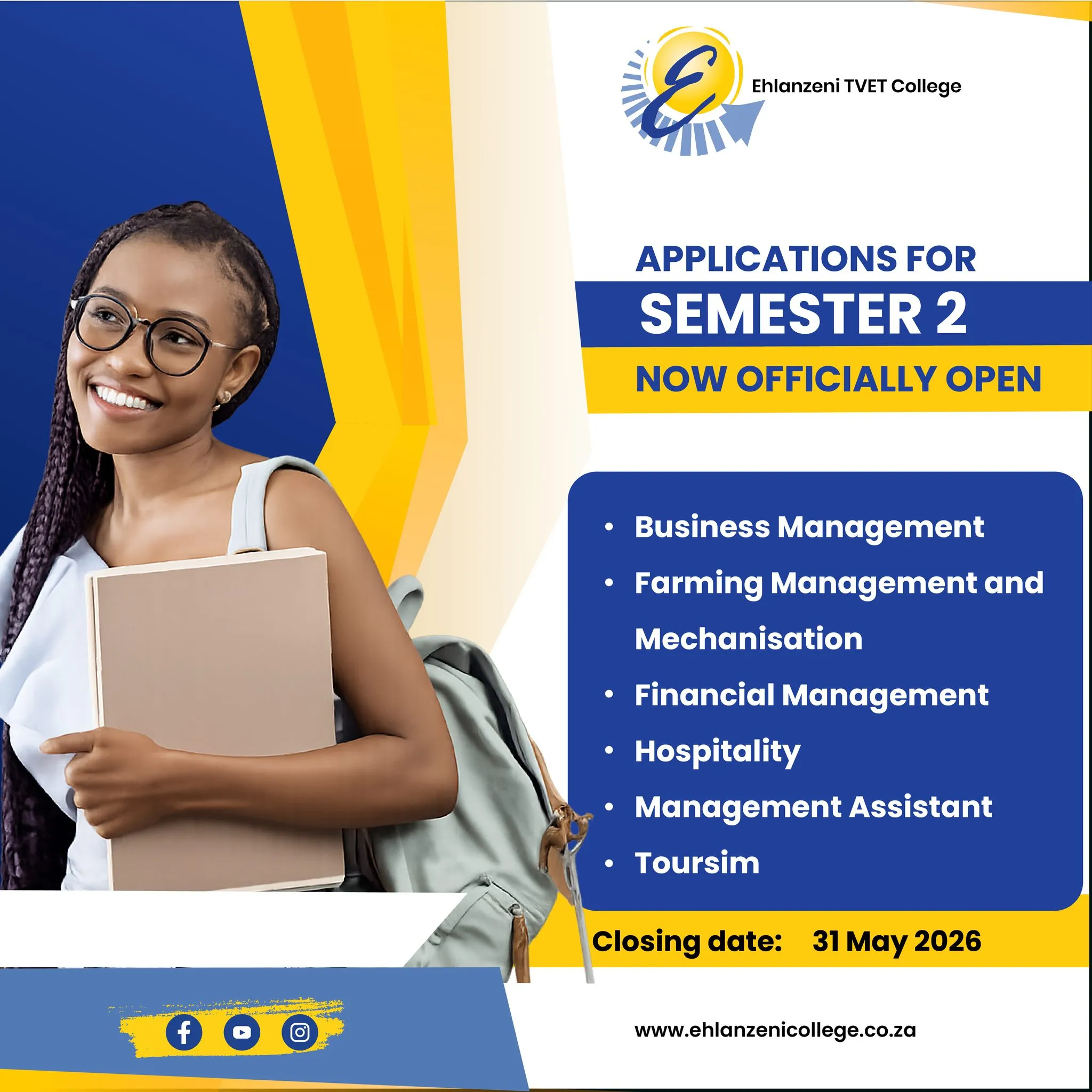 Announcement of Semester 2 2026 applications at Ehlanzeni TVET College