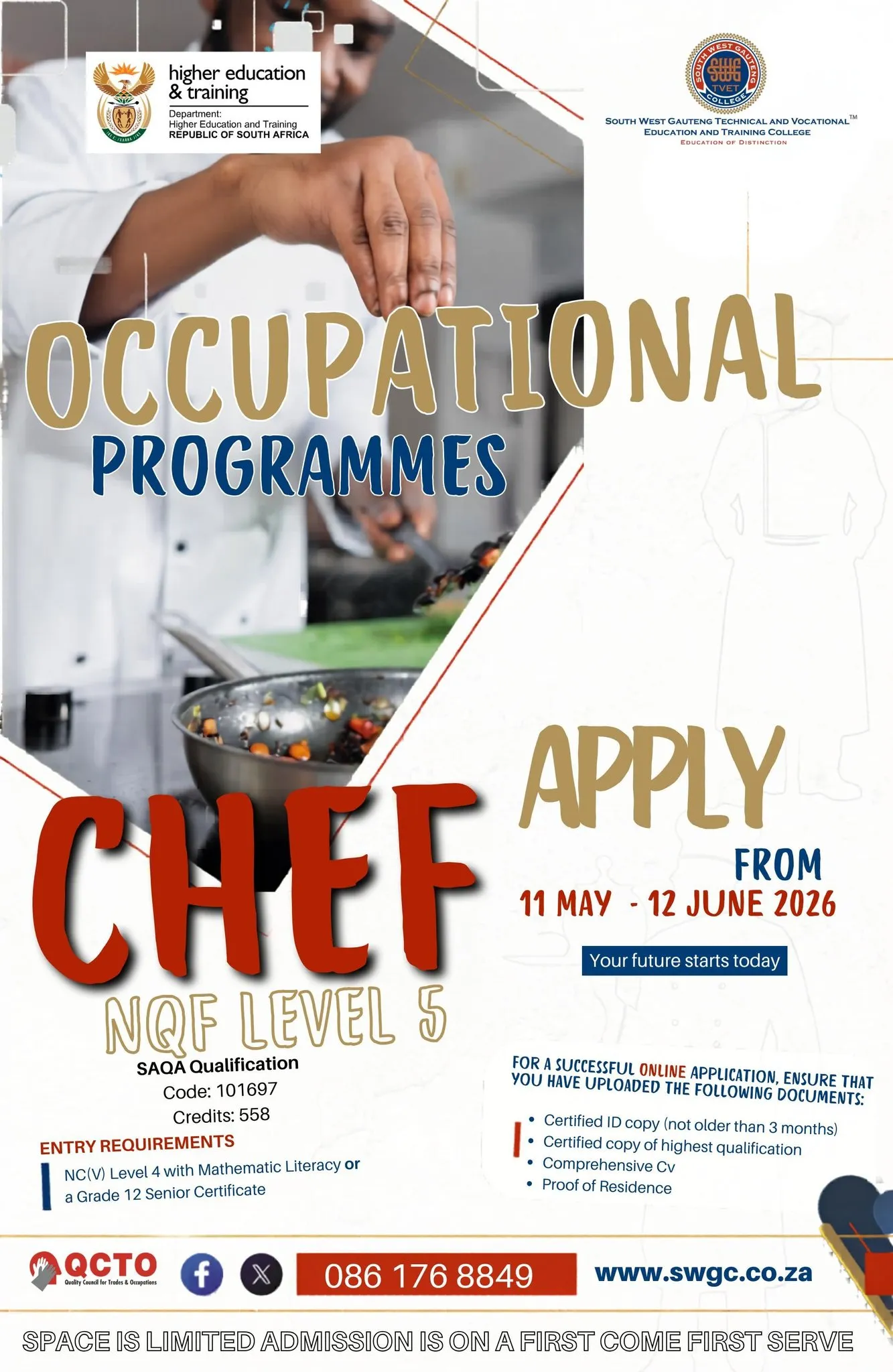 Poster announcing applications open for the Occupational Certificate: Chef NQF Level 5 at South West Gauteng TVET College